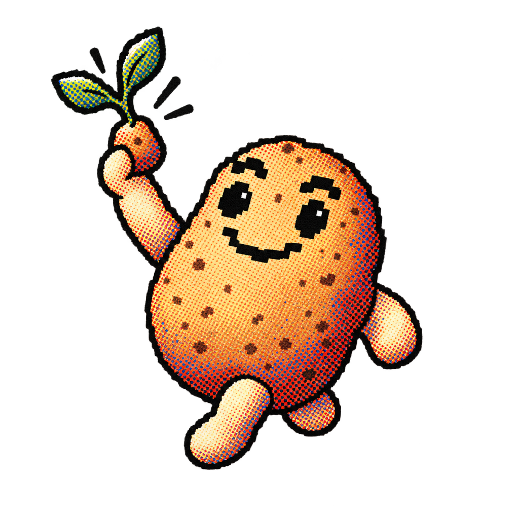 Potato Mode holding up a small sprouting potato, admiring it